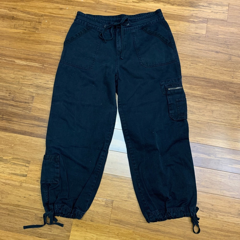 CLIO Cargo Pants Womens Size 10 Black Drawstring Waist Y2K Pockets Cotton Blend‎